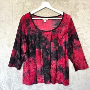 Dressbarn Burnout Velvet Blouse 1X Top Red Black Goth Whimsigoth Fairy Grunge